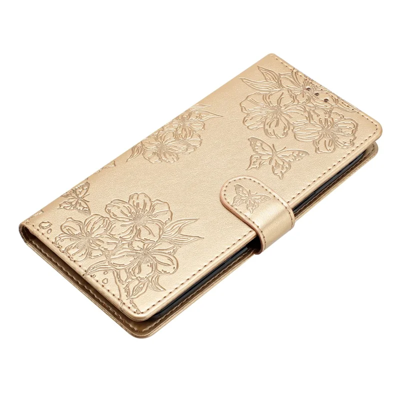 For iPhone 16 Pro Max Case Wallet PU Leather Phone Cover Butterfly Flower Pattern - Gold