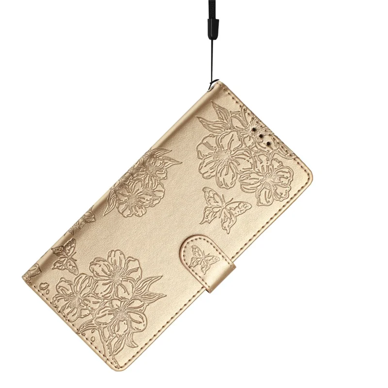 For iPhone 16 Pro Max Case Wallet PU Leather Phone Cover Butterfly Flower Pattern - Gold