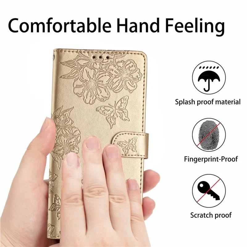 For iPhone 16 Pro Max Case Wallet PU Leather Phone Cover Butterfly Flower Pattern - Gold