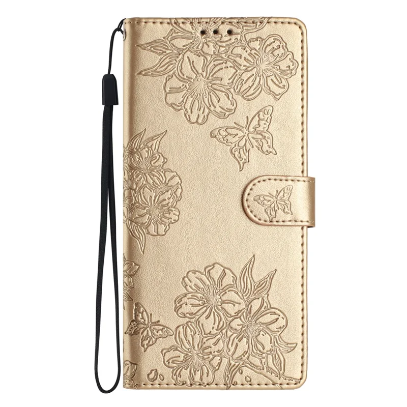 For iPhone 16 Pro Max Case Wallet PU Leather Phone Cover Butterfly Flower Pattern - Gold