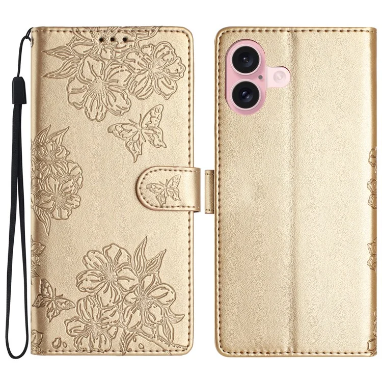 For iPhone 16 Plus Wallet Case Butterfly Flower PU Leather Flip Protective Phone Cover - Gold
