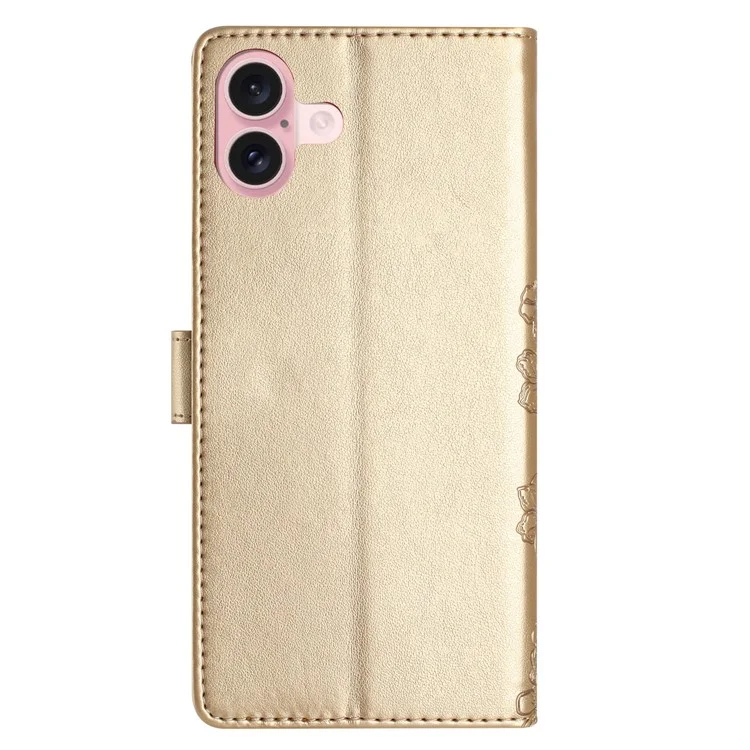 For iPhone 16 Plus Wallet Case Butterfly Flower PU Leather Flip Protective Phone Cover - Gold
