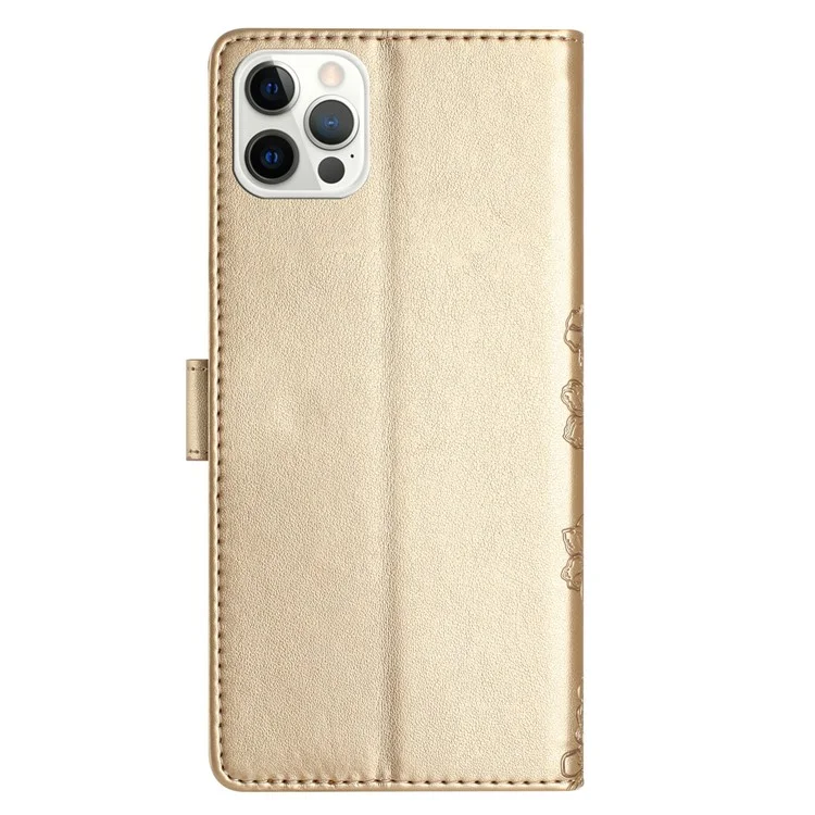 Para iPhone 16 Pro Case Butterfly Flower PU Leather Phone Cover com Slots para Cartões Suporte - Dourado