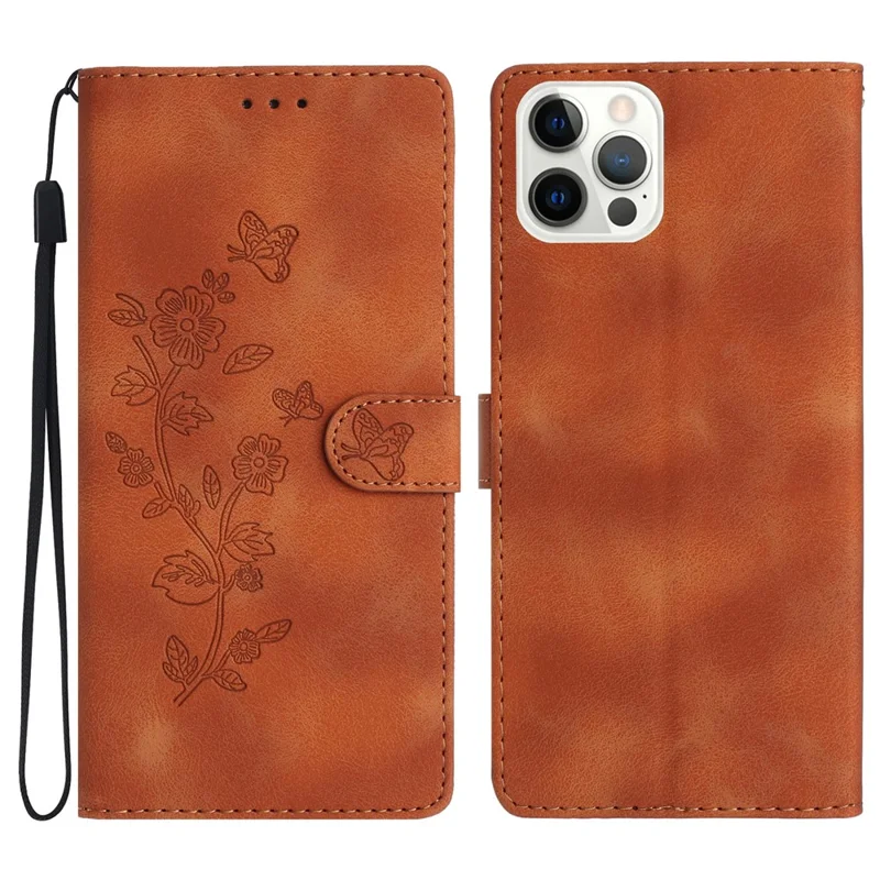 Für iPhone 16 Pro Hülle Leder Geprägt Blumen Handgelenkband Brieftasche Tasche - Braun
