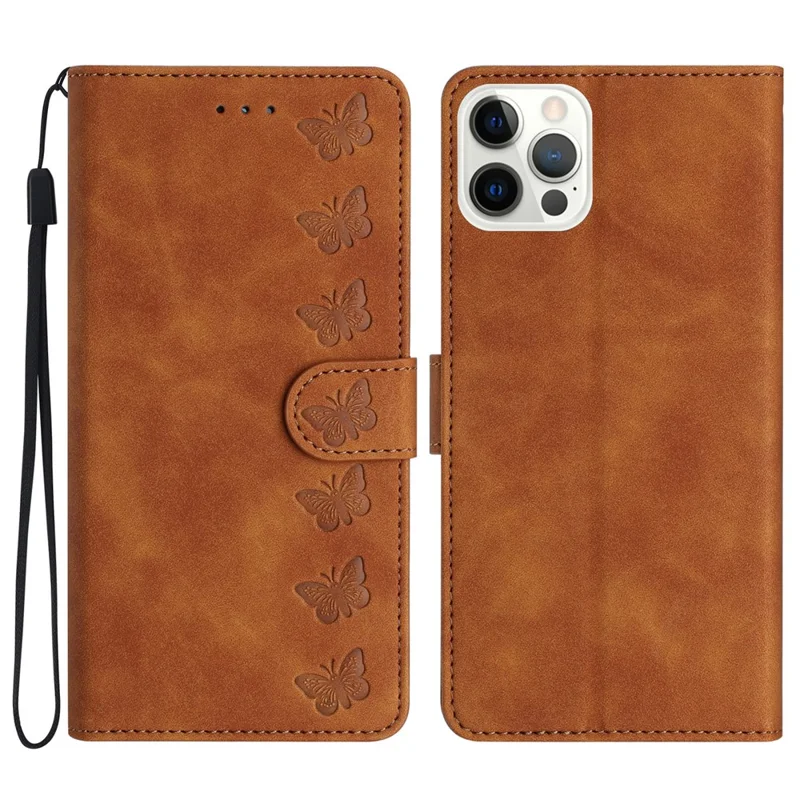 For iPhone 16 Pro Max Case Wrist Strap Card Holder Slots Butterfly Imprinted PU Leather Phone Cover - Brown