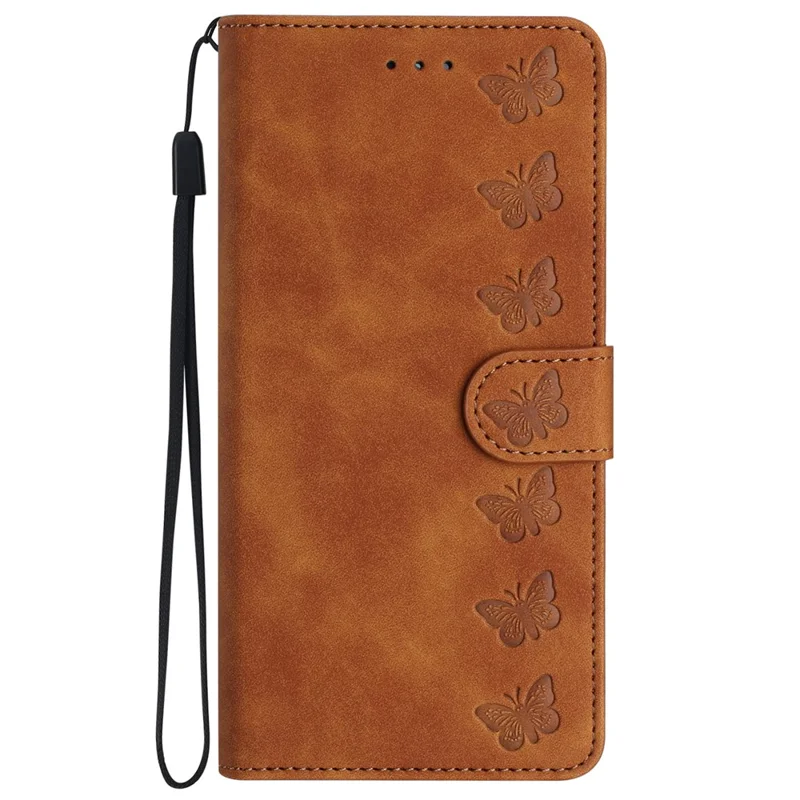 For iPhone 16 Pro Max Case Wrist Strap Card Holder Slots Butterfly Imprinted PU Leather Phone Cover - Brown
