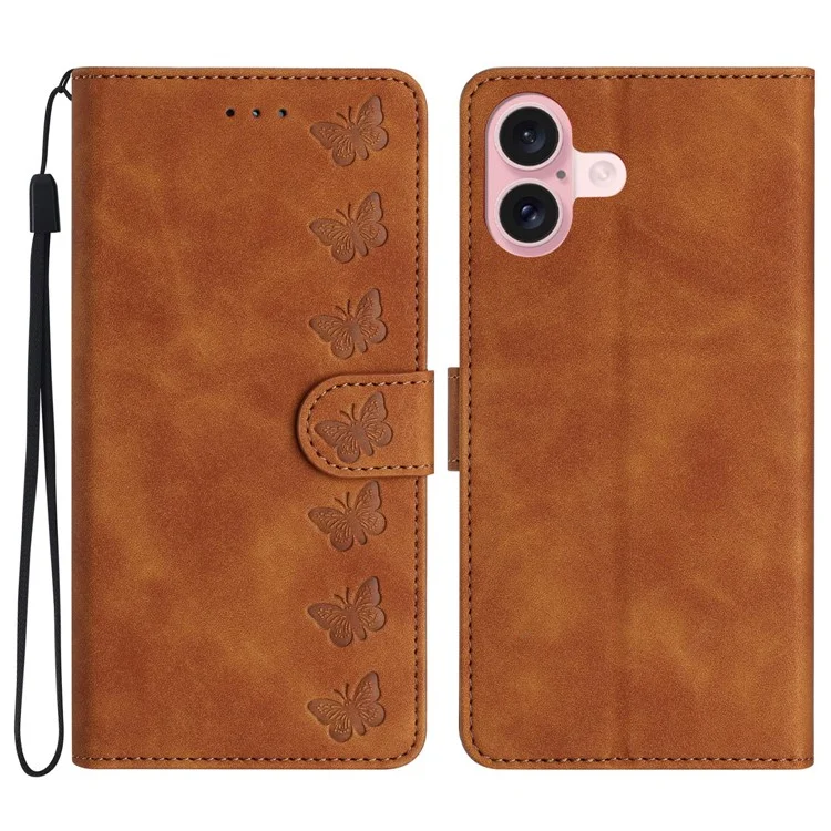 Funda para iPhone 16, con estampado de mariposas, de piel sintética PU con tapa protectora - Marrón
