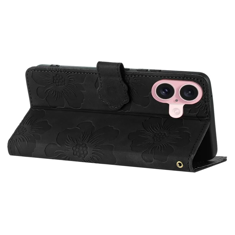 For iPhone 16 Plus Case Leather Phone Cover Card Holders Flower Imprinted - Black