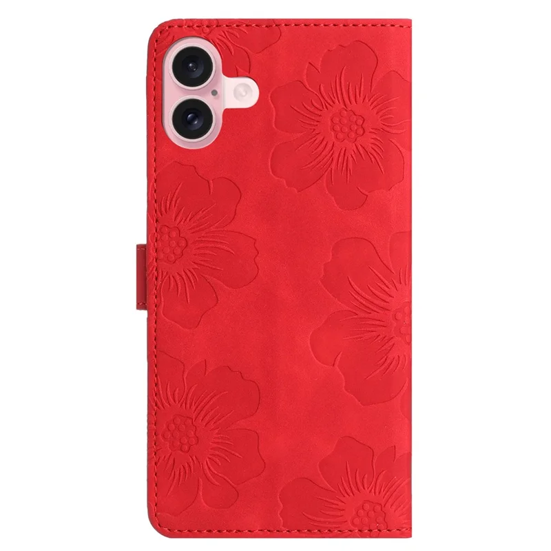 For iPhone 16 Plus Case Leather Phone Cover Card Holders Flower Imprinted - Red