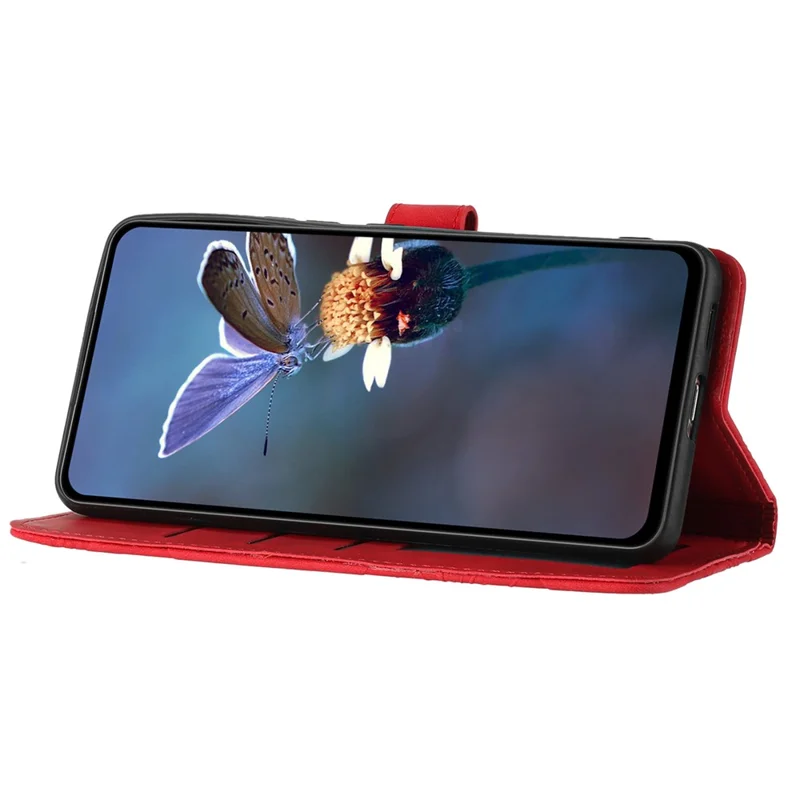 For iPhone 16 Plus Case Leather Phone Cover Card Holders Flower Imprinted - Red