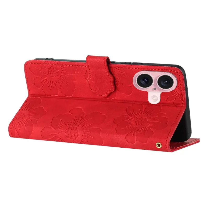 For iPhone 16 Plus Case Leather Phone Cover Card Holders Flower Imprinted - Red
