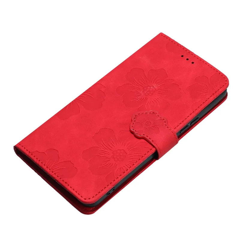 For iPhone 16 Plus Case Leather Phone Cover Card Holders Flower Imprinted - Red