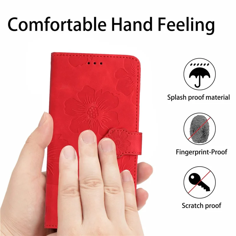 For iPhone 16 Plus Case Leather Phone Cover Card Holders Flower Imprinted - Red