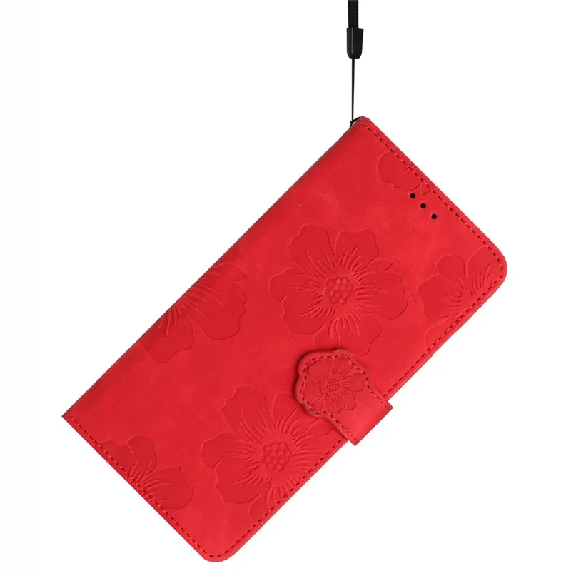 For iPhone 16 Plus Case Leather Phone Cover Card Holders Flower Imprinted - Red