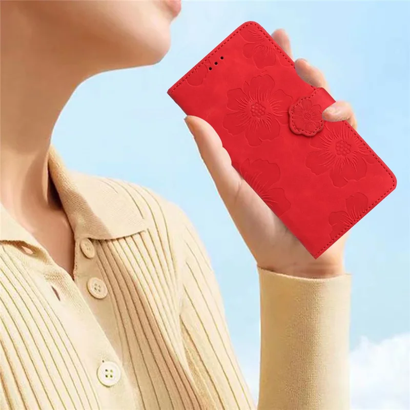 For iPhone 16 Plus Case Leather Phone Cover Card Holders Flower Imprinted - Red