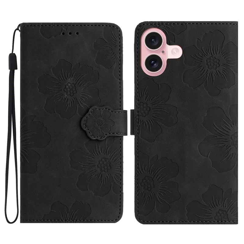 For iPhone 16 Case Leather Flip Wallet Card Slots Phone Cover Flower Imprinted - Black