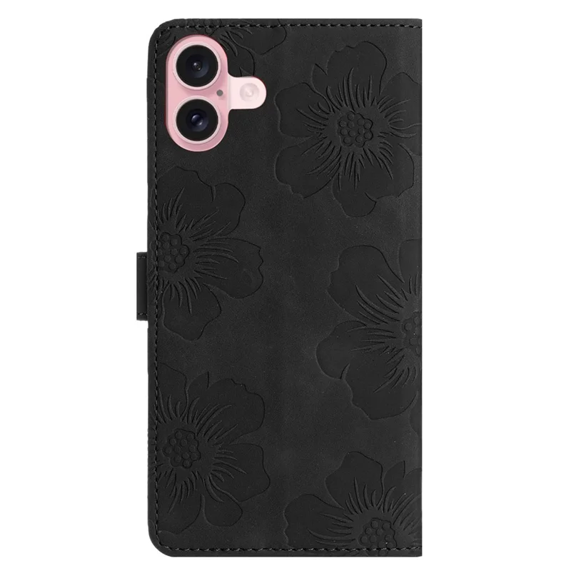 For iPhone 16 Case Leather Flip Wallet Card Slots Phone Cover Flower Imprinted - Black