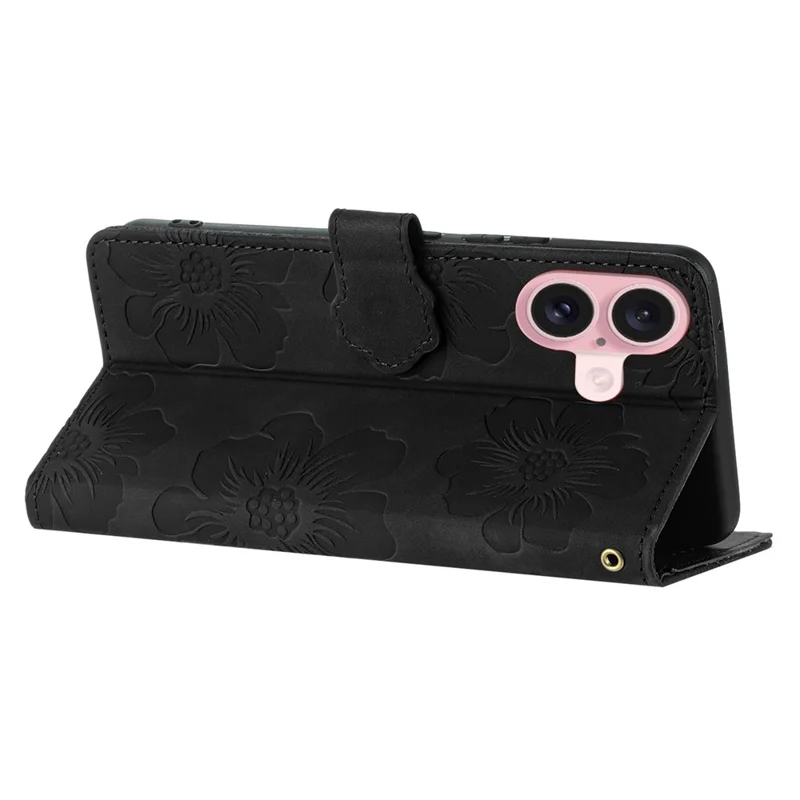 For iPhone 16 Case Leather Flip Wallet Card Slots Phone Cover Flower Imprinted - Black