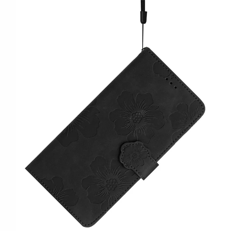 For iPhone 16 Case Leather Flip Wallet Card Slots Phone Cover Flower Imprinted - Black