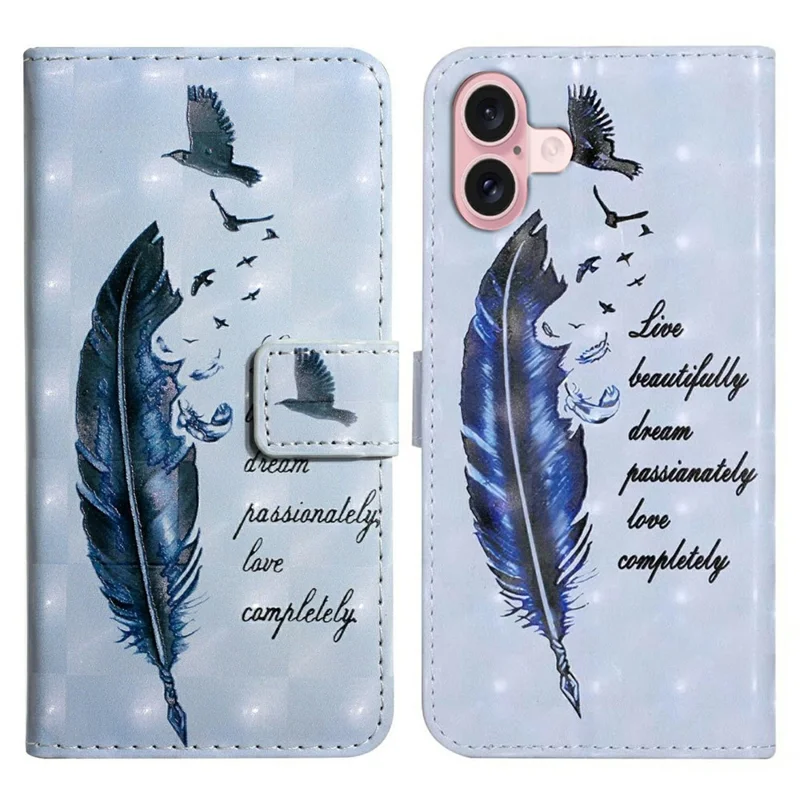 Funda para iPhone 16 Diseño Creativo 3D Cuero PU Soporte Cubierta de Teléfono - Plumas Azules