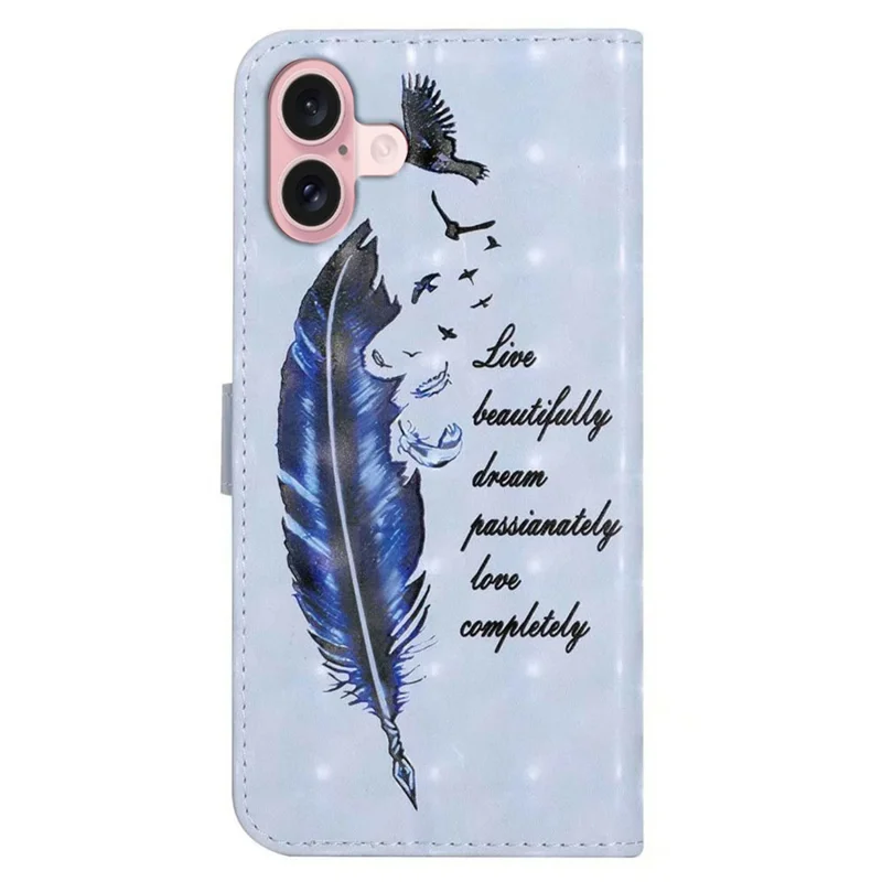 Funda para iPhone 16 Diseño Creativo 3D Cuero PU Soporte Cubierta de Teléfono - Plumas Azules