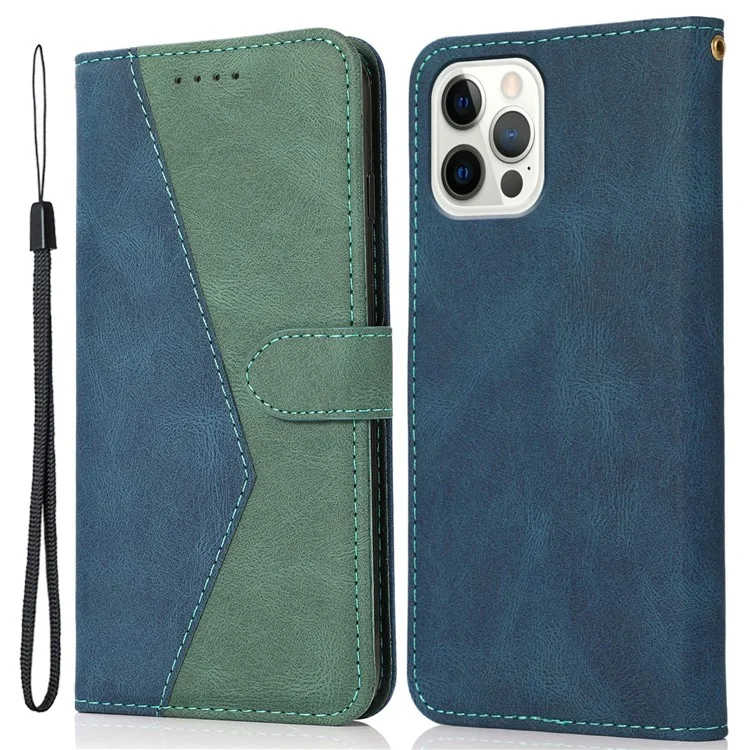 For iPhone 16 Pro Max Case Splicing Color Flip PU Leather Phone Cover - Blau+Grün