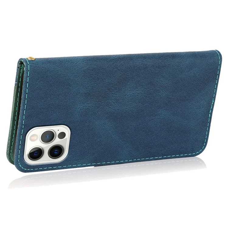 For iPhone 16 Pro Max Case Splicing Color Flip PU Leather Phone Cover - Blau+Grün