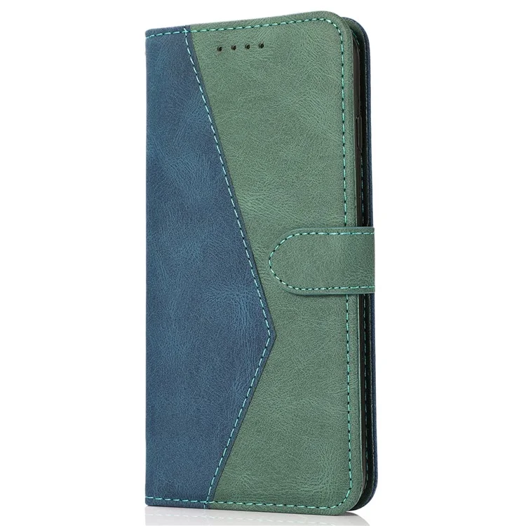 For iPhone 16 Pro Max Case Splicing Color Flip PU Leather Phone Cover - Blau+Grün