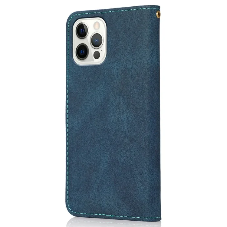 For iPhone 16 Pro Max Case Splicing Color Flip PU Leather Phone Cover - Blau+Grün