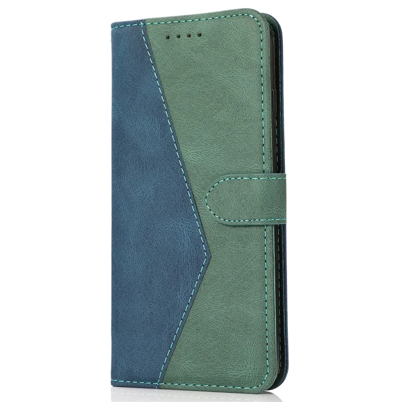 For iPhone 16 Pro Wallet Case Splicing Color Leather Phone Cover Credit Card Holder - Blue+Green