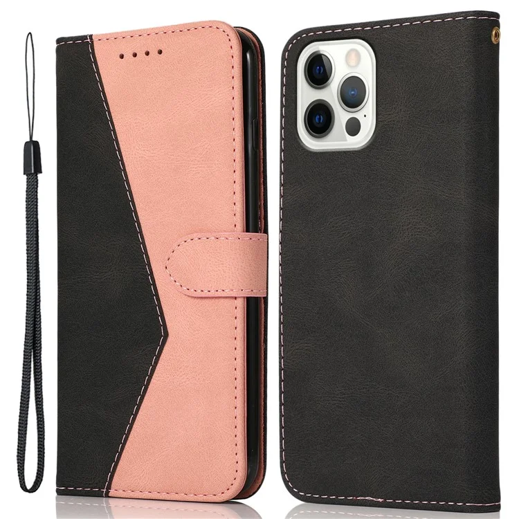 For iPhone 16 Pro Wallet Case Splicing Color Leather Phone Cover Credit Card Holder - Black+Rose Gold
