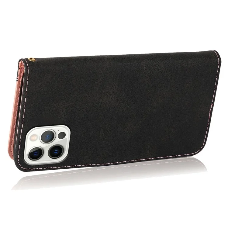 For iPhone 16 Pro Wallet Case Splicing Color Leather Phone Cover Credit Card Holder - Black+Rose Gold