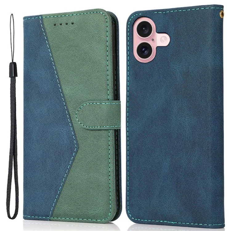 Per iPhone 16 Plus Case Splicing Color Magnetic Clasp Leather Phone Cover - Blue+Green