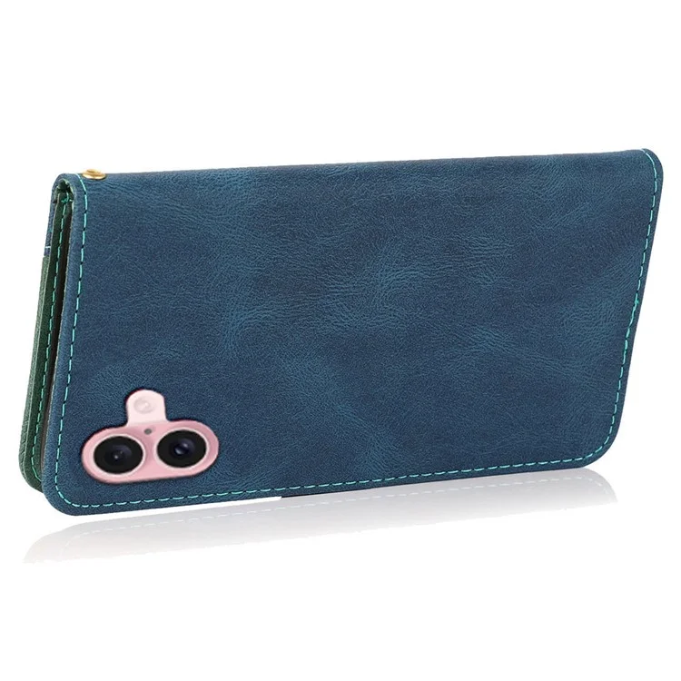 Per iPhone 16 Plus Case Splicing Color Magnetic Clasp Leather Phone Cover - Blue+Green
