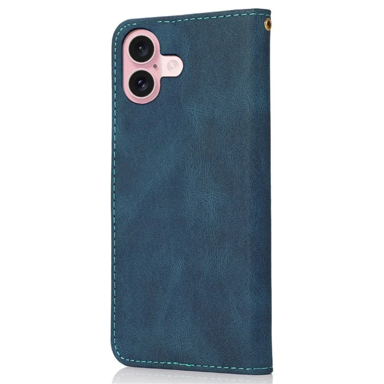 Per iPhone 16 Plus Case Splicing Color Magnetic Clasp Leather Phone Cover - Blue+Green