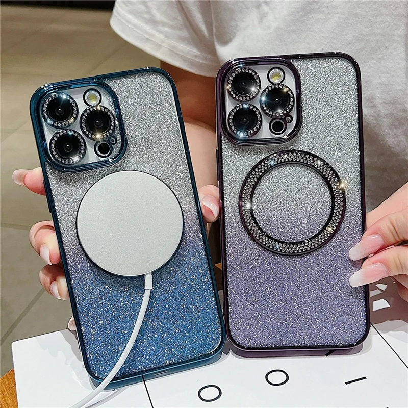 For iPhone 15 Pro Magnetic Case TPU + PC Glitter Sparkle Phone Cover - White