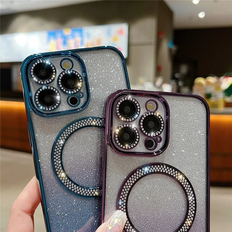 For iPhone 15 Pro Magnetic Case TPU + PC Glitter Sparkle Phone Cover - White