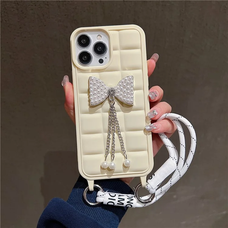 For iPhone 14 Pro Max Case TPU Anti-Slip Grid Phone Cover with Wrist Strap - Beige