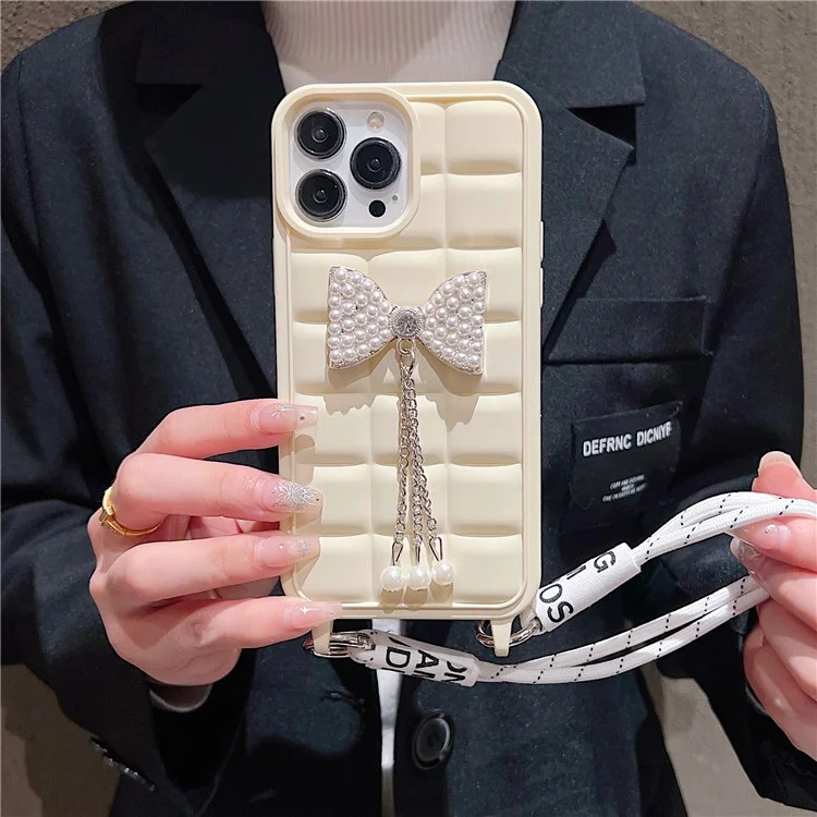 For iPhone 14 Pro Max Case TPU Anti-Slip Grid Phone Cover with Wrist Strap - Beige