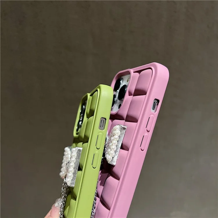 For iPhone 14 Pro Max Case TPU Anti-Slip Grid Phone Cover with Wrist Strap - Beige