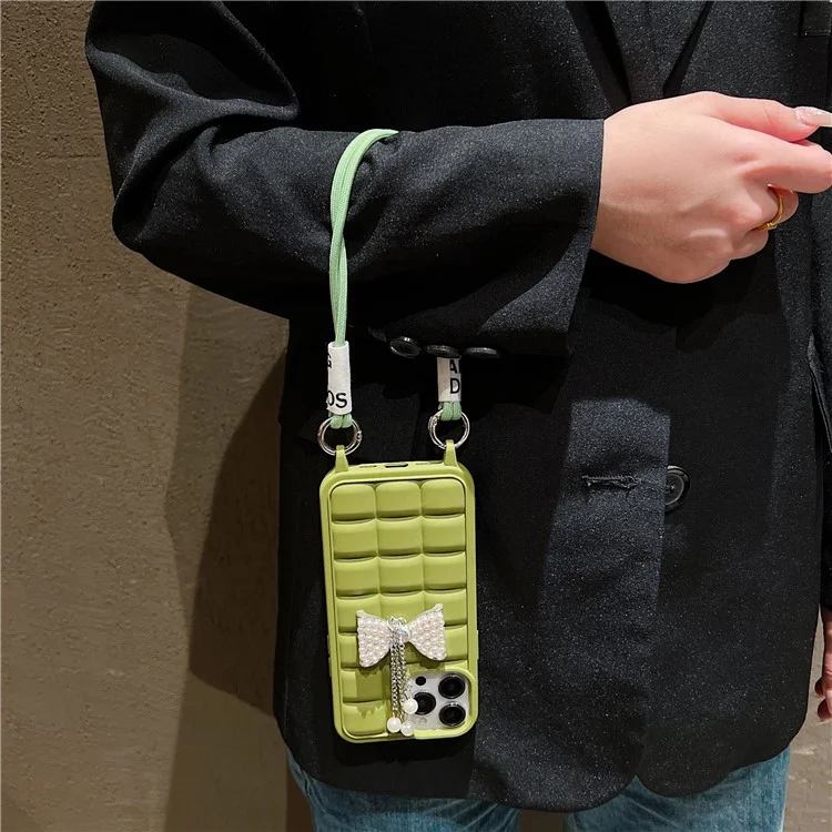For iPhone 14 Pro Max Case TPU Anti-Slip Grid Phone Cover with Wrist Strap - Beige