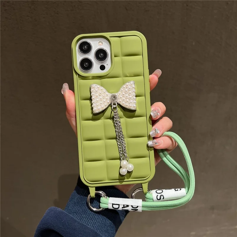 Per iPhone 15 Pro Max Case con cinturino da polso Custodia telefonica in TPU Decorazione pendente di Bowknot 3D cute - Verde