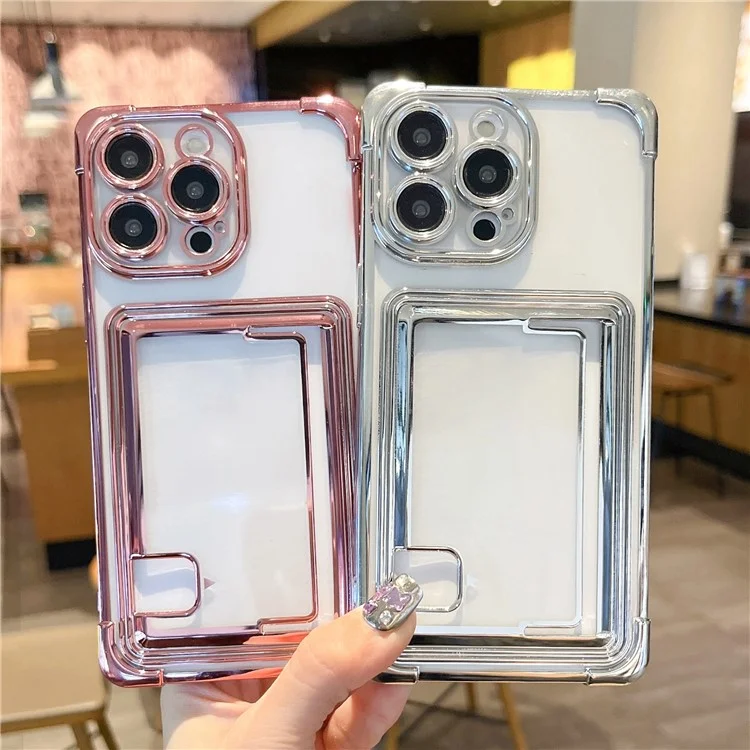 For iPhone 14 Pro Case Electroplating TPU Phone Cover Push-Able Card Slot - Lila