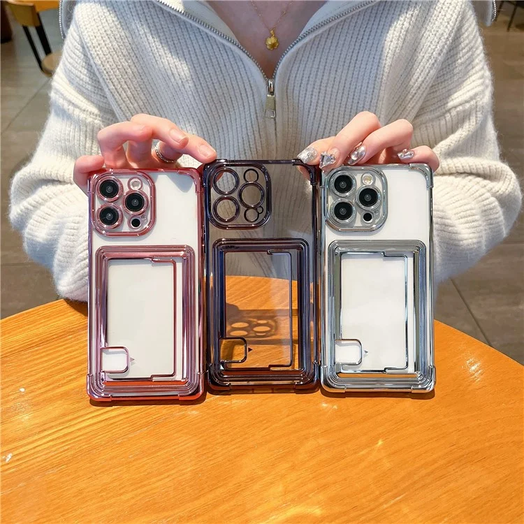 For iPhone 14 Pro Case Electroplating TPU Phone Cover Push-Able Card Slot - Lila