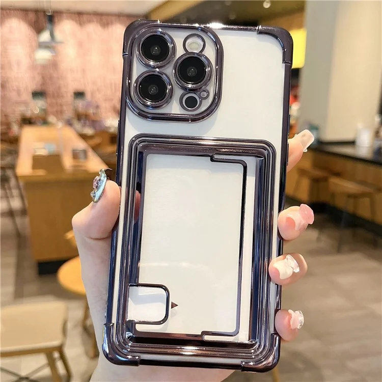 For iPhone 14 Pro Case Electroplating TPU Phone Cover Push-Able Card Slot - Lila