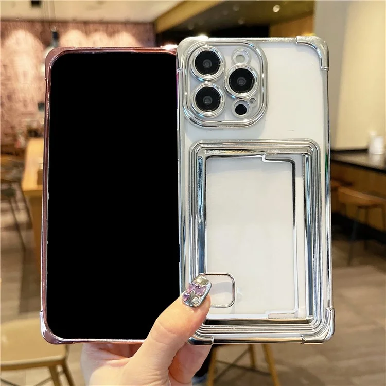 For iPhone 14 Pro Case Electroplating TPU Phone Cover Push-Able Card Slot - Lila