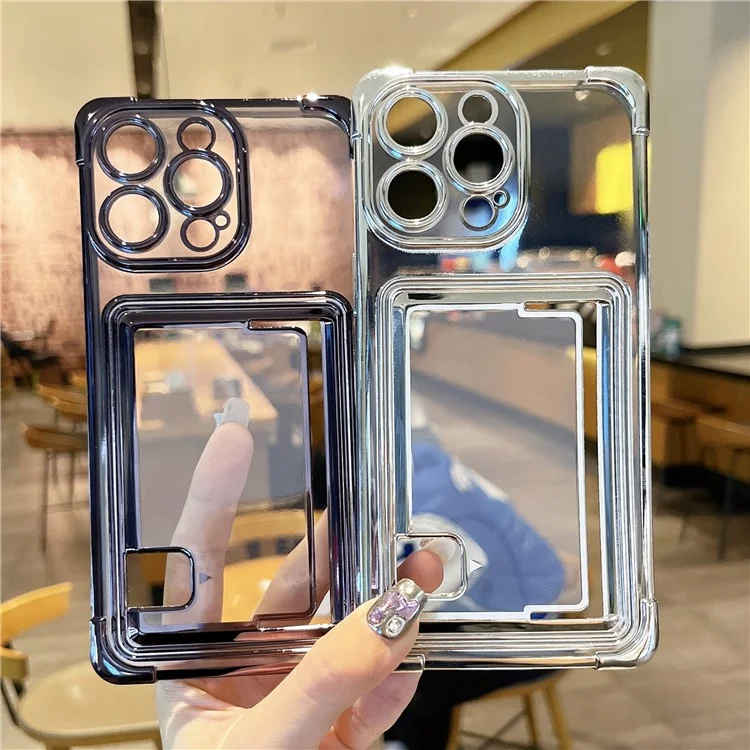 For iPhone 14 Pro Case Electroplating TPU Phone Cover Push-Able Card Slot - Lila