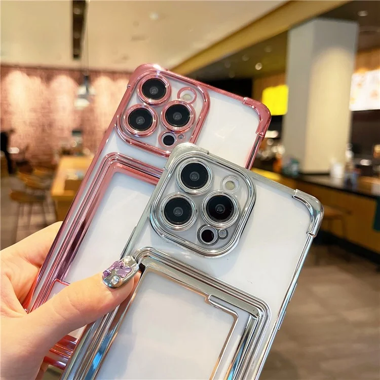 For iPhone 14 Pro Case Electroplating TPU Phone Cover Push-Able Card Slot - Lila