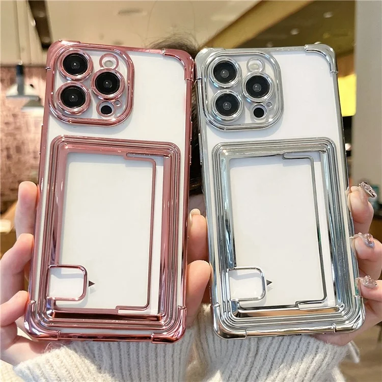 For iPhone 14 Pro Case Electroplating TPU Phone Cover Push-Able Card Slot - Lila