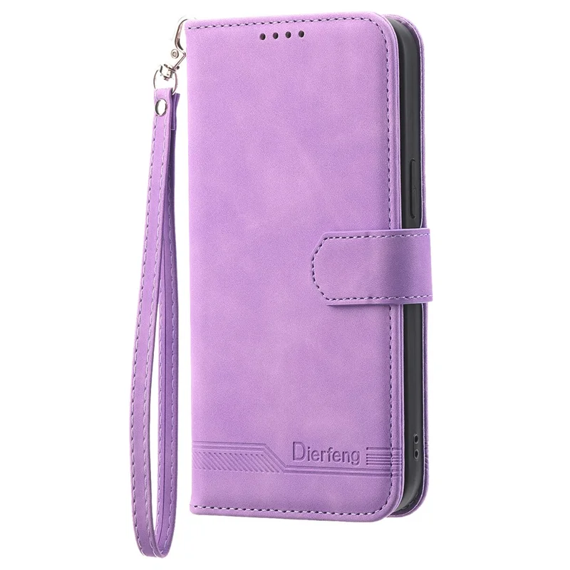 DIERFENG DF-03 For iPhone 16e Wallet Cover Card Slot Lines Imprinted Phone Case - Purple
